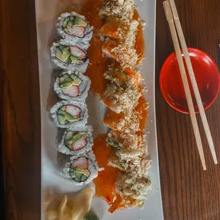 a plate of sushi and chopsticks