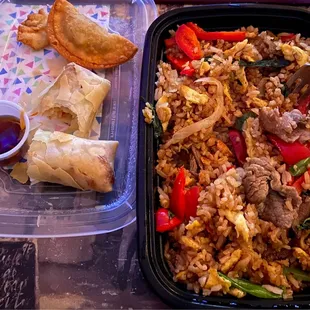 Basil fried rice with beef, spring roll and chicken curry puff.