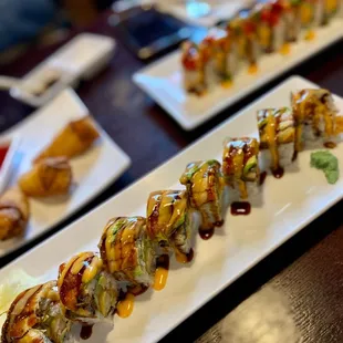 a long row of sushi rolls