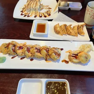 Crunchy Philly (Far Side of Table) Roll, Super Spicy Tuna Roll and Pork &amp; Veggie Gyoza!