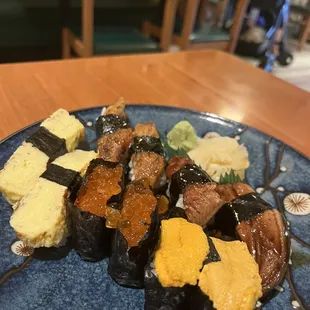 Sushi - uni, salmon roe, eel, ocean eel, egg