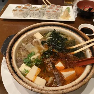 Sukiyaki with udon and  sushi