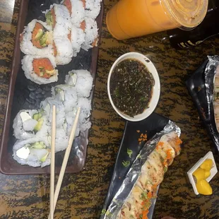 Crunchy jalapeño roll &amp; a Philadelphia roll with the side of jalapeño sauce &amp; Albacore Roll