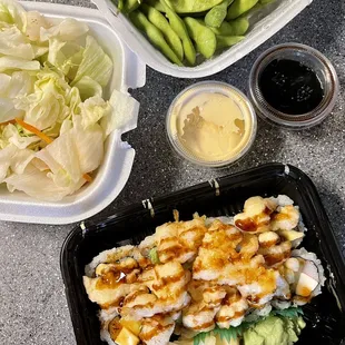 Just as good to-go -- Crunch Scallop roll w/ginger salad and edamame