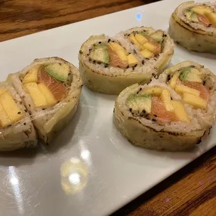 Special gluten free sushi: salmon, mango, avocado, rice paper, and broiled pepper jack cheese. Thanks Allison!