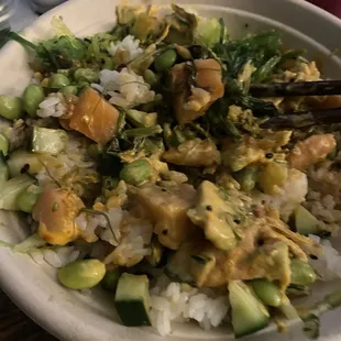 My "BYO Pok Bowl" - salmon poké -- all mixed up (sorry - it's really pretty when u 1st get it, but I was starving!)
