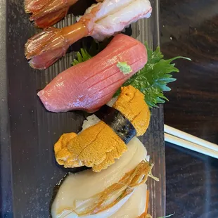 Amaebi, toro, uni, super white fish