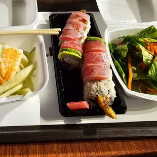 Cucumber Salad, Tuna Tataki Roll, and complementary house salad.