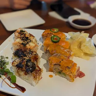 Unagi, salmon, spicy tuna, and spicy salmon torched sushi