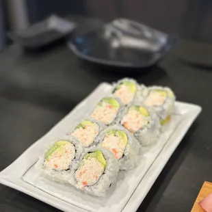 a plate of sushi rolls