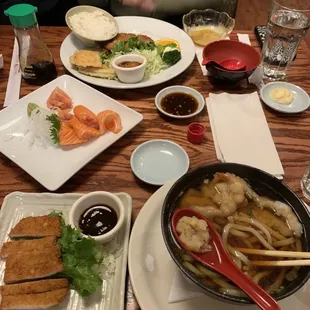 Tempura Udon or Soba, Tonkatsu, Tonkatsu Deluxe, Salmon Sashimi*