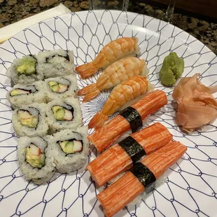 California roll, Kani, and Ebi sushi.