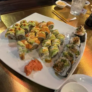 From left to right: Krab Roll w/o cucumbers, Spicy Roll, Green Menace Roll, and Spider Roll