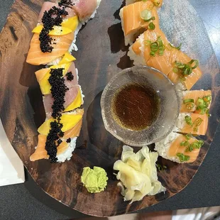Mango Tango roll and samari roll with extra ponzu sauce.