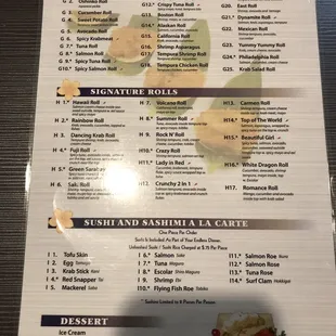 sushi and sashimi, menu