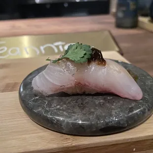 a piece of raw fish on a rock