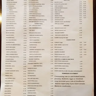 the menu for the sushi bar