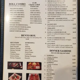 the menu for sushi bar