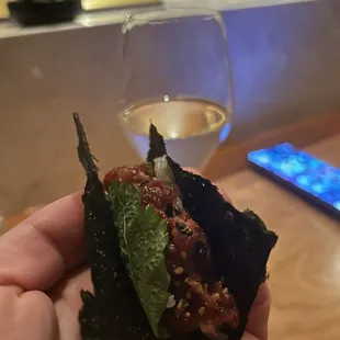 1st course. Tartare hand roll. Excellent. Mint leaf a nice touch.