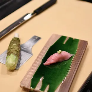 toro nigiri topped with real wasabi