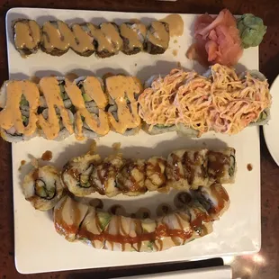 Top to bottom  CRUNCY ROLL (Left) SPICY CALIFORNIA  (right) METROPOLITAN  THE HENRY FORD FIRTY BLONDE