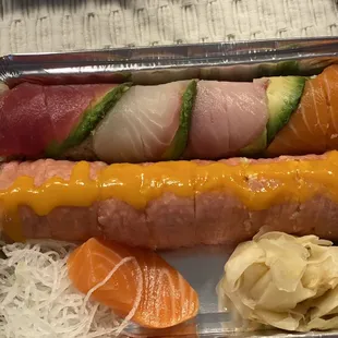 Rainbow Maki, Mango Roll, salmon sashimi