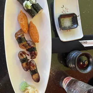 Cucumber Roll, nigiri, portobello and eggplant sushi.