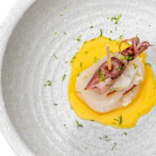 Firefly Squid and Scallop with Bottarga in between on paired with Yuzu Miso Sauce.