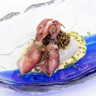 Firefly Squid, Scallop, and Caviar with Uni Miso Sauce.