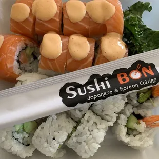 There is a substantial amount of salmon in the salmon roll. And, the shrimp roll is tasty, too.