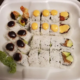 Shrimp tempura, spicy tuna, Alaskan
