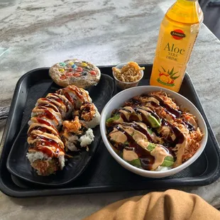 crunchy roll and spicy crab bowl (right)