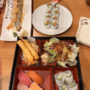 Sushi Bento Box, Crunchy Shrimp Roll, and Philadelphia Roll