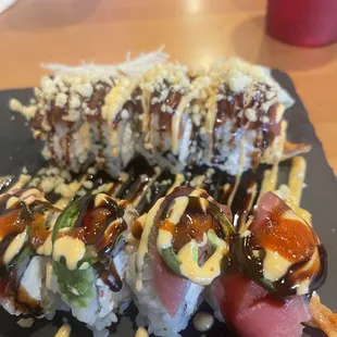 Top- Spicy T Crunch Roll Bottom- Geisha Roll