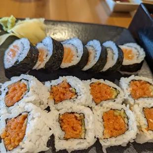 Spicy tune roll (front) and salmon roll (back)