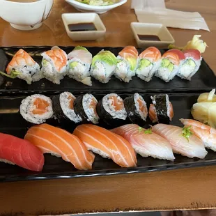 (Top to bottom) Rainbow Roll, Salmon Roll with Sushi Combo Special