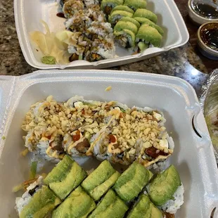 green dragon roll, crunch Philadelphia roll, eel roll and caterpillar roll