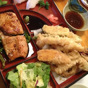 Salmon Teriyaki &amp; Shrimp Tempura Bento Box served with white rice &amp; salad