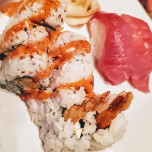 Damn Good Roll - tempura shrimp, cream cheese, avo, sweet chipotle sauce. Tuna nigiri