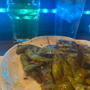 Spicy garlic edamame