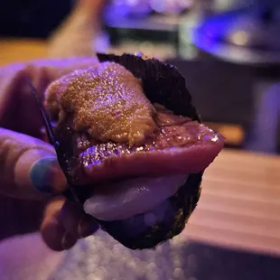 Big Mac: big layered nigiri bite ( seared Wagyu, hotate, chu Toro and uni)