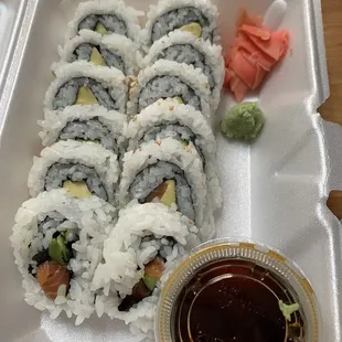 Two salmon and avocado rolls
