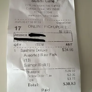 Receipt for sashimi deluxe.