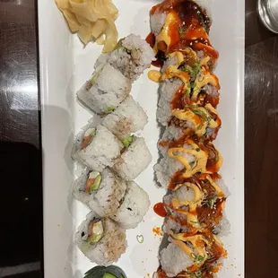 King Kong roll (with fixings on top) and Alaskan Roll