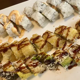 Spicy tuna (top left), Chicago roll (top right), Crazy Boy Roll (middle), Godzilla Roll (bottom)