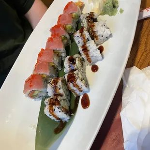 Red dragon roll (top) Eel and cucumber (bottom)