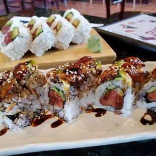 A specialty eel roll and an ahi tuna roll