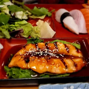 Bento Box: Teriyaki Salmon+                      Sushi Nigiri