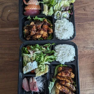 Lunch bento special - chicken katsu and sushi nigiri (top) and pork katsu with hamachi sushi (bottom).