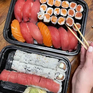 Take out!! Tuna and salmon sushi nigiri &amp; rolls, bagel rolls, and the spicy red rose roll
